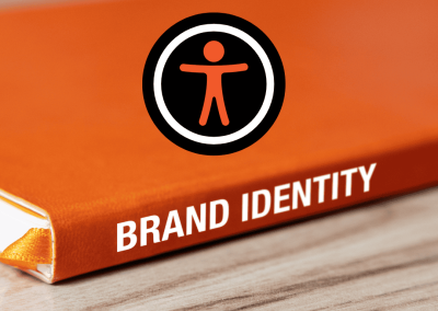 Manual de identidad con el símbolo de la accesibilidad universal. Representa la necesidad de que las empresas creen identidades gráficas de sus marcas pensando en la accesibilidad, la diversidad y la inclusion.