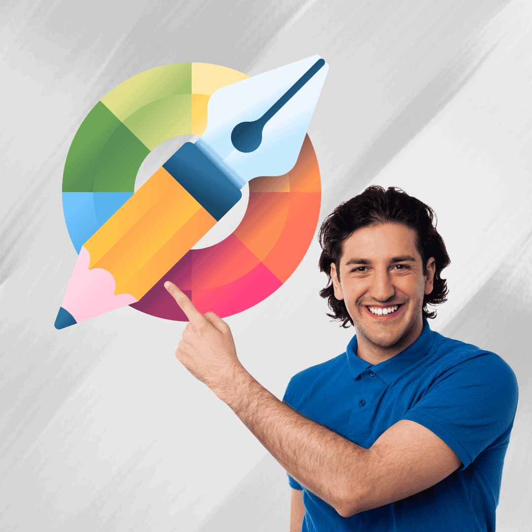 Eventos virtuales accesibles Un hombre de tez clara y cabello obscuro sonriente mientras señala una rueda de color con un lápiz y una pluma. Representa el diseño gráfico accesible.