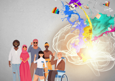 Personas diversas en origen étnico, cultural y en caracteristicas y necesidades físicas. Al fondo elementos como pintura, cartas, monedas, entre otros. Representan la infinidad de posibilidades que la accesibilidad ofrece para entornos y experiencias verdaderamente diversos e nclusivos.