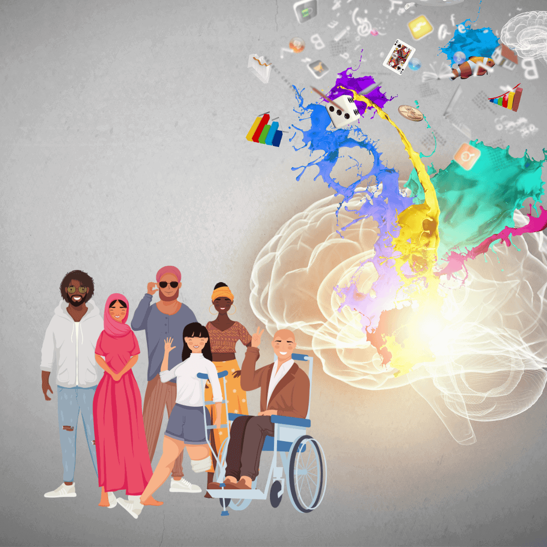 Personas diversas en origen étnico, cultural y en caracteristicas y necesidades físicas. Al fondo elementos como pintura, cartas, monedas, entre otros. Representan la infinidad de posibilidades que la accesibilidad ofrece para entornos y experiencias verdaderamente diversos e nclusivos.