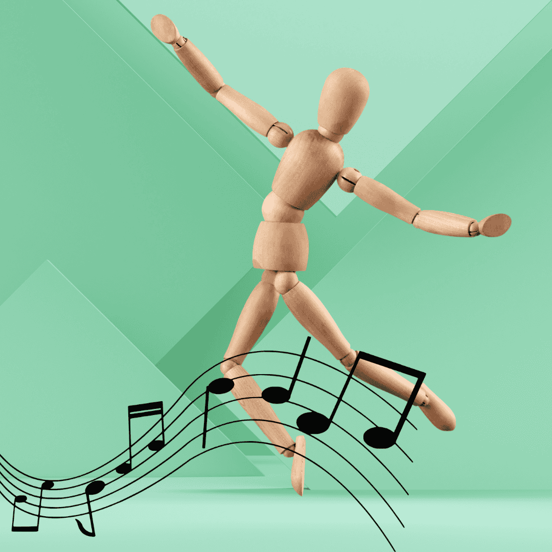 Diseños cursos accesibilidad Maniqui de manera articulado en posiciónal de danza, rodeado de notas musicales. Representa la danza y el movimiento como elemento que favorece la diversidad y la inclusión.