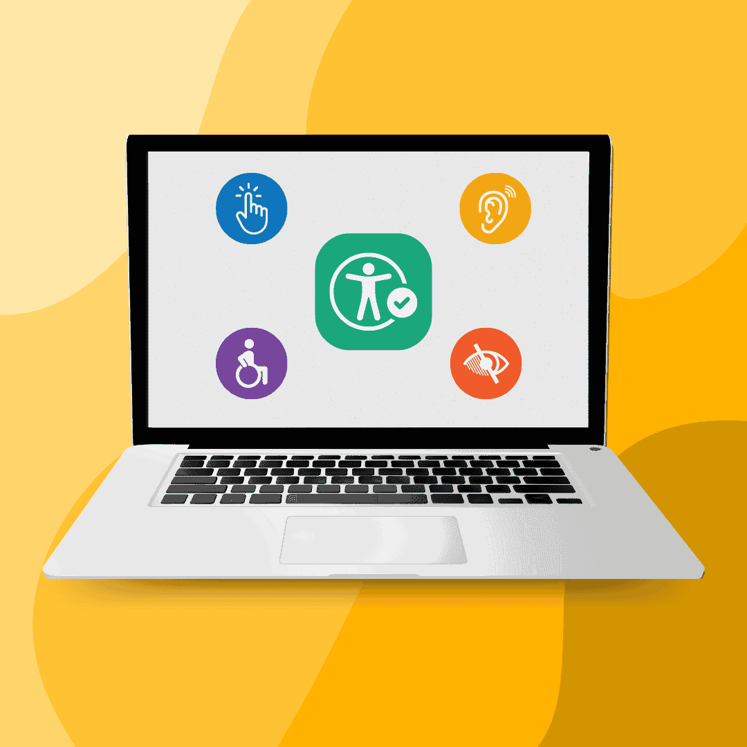 Introducción a la accesibilidad digital Pantalla de una computadora u ordenador portatil que muestra los íconos que representan los distintos tipos de discapacidad y la accesibilidad universal.