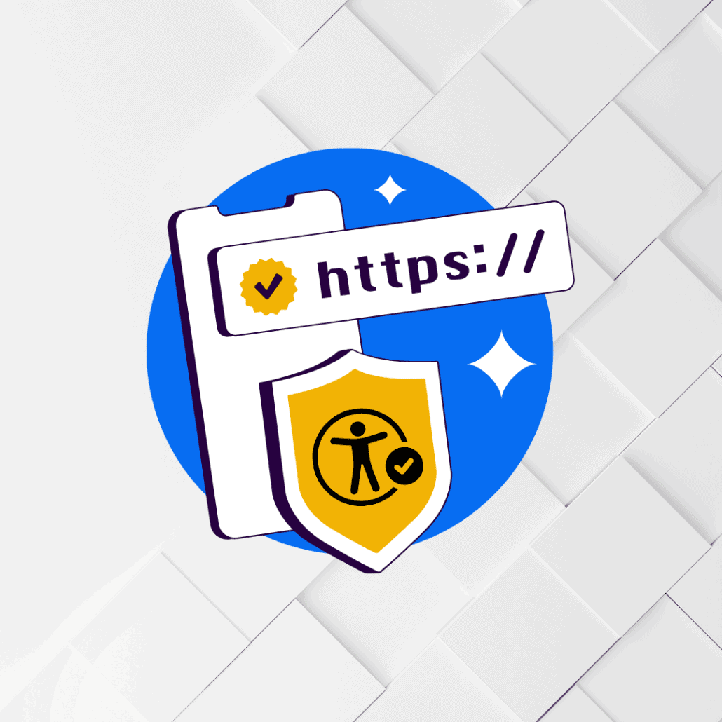 Rampa de accesibilidad Ilustración de un icono de página web con el prefijo "https://" acompañado de un escudo amarillo con el símbolo de accesibilidad digital y una marca de verificación. El fondo es un círculo azul con destellos blancos, representando seguridad y accesibilidad en entornos digitales.