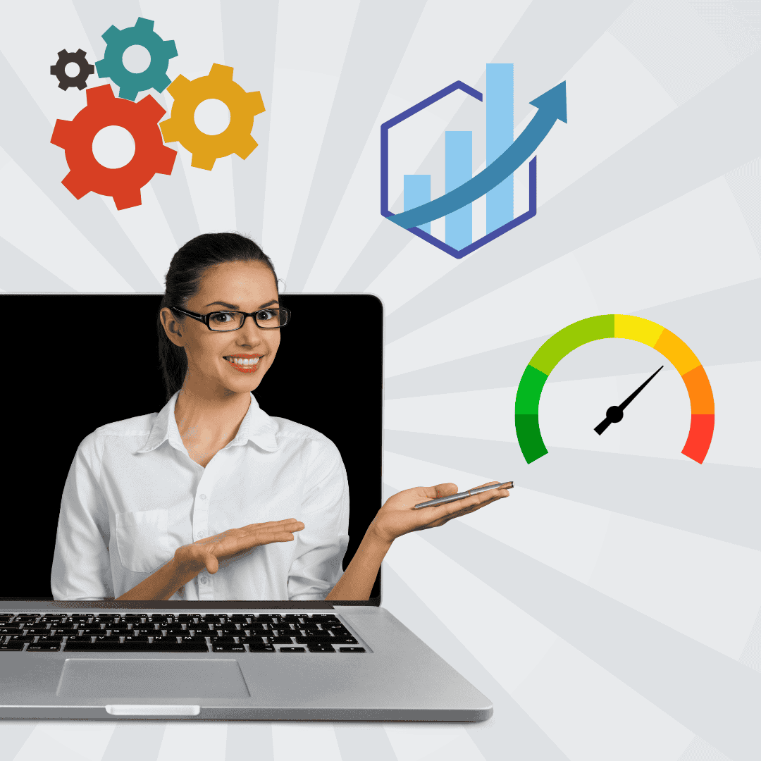 Creación de contenidos de aprendizaje accesibles Una mujer desde la pantalla de un ordenador mostrandooslas gráficas y otros elementos que representan la enseñanza-aprendizaje en entornos accesibles e inclusivos.